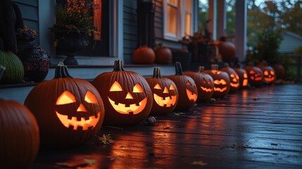 A row of glowing Halloween jack-o'-lanterns lined up on a porch, each with a unique face.A row of glowing Halloween jack-o'-lanterns lined up on a porch, each with a unique face.