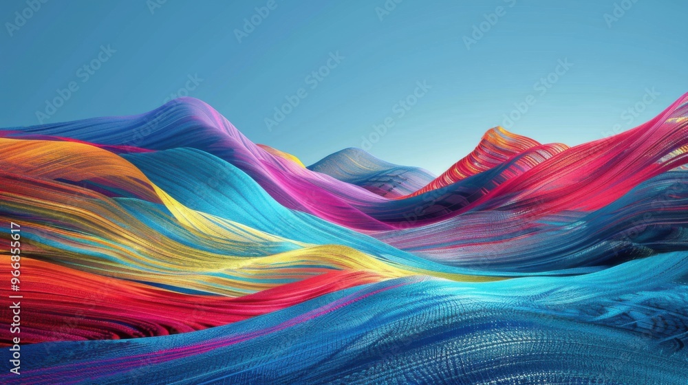 Poster digital generated image of abstract multi coloured stripe patterned landscape on blue background.