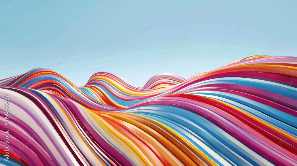 Poster digital generated image of abstract multi coloured stripe patterned landscape on blue background.
