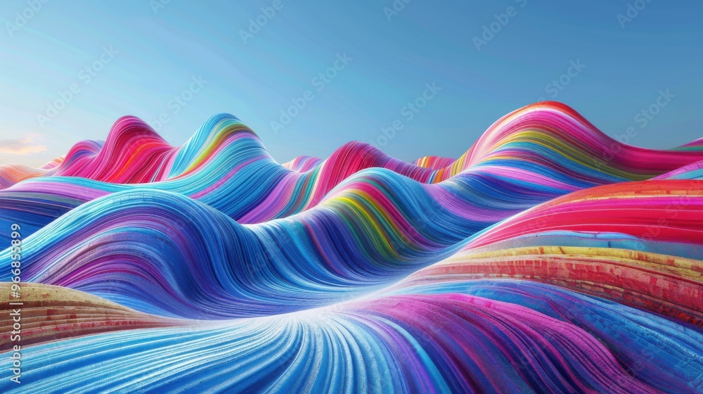 Poster digital generated image of abstract multi coloured stripe patterned landscape on blue background.