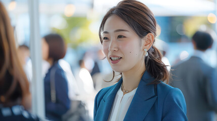 Engaging woman in blue suit smiling at event