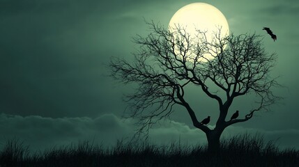 Fototapeta premium A silhouette of a creepy tree under the moonlight on a Halloween night.