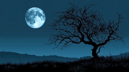 Fototapeta premium A silhouette of a creepy tree under the moonlight on a Halloween night.