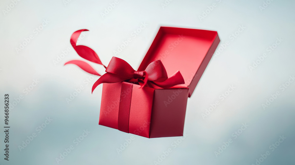 Wall mural A bright red gift box with a soft ribbon bow is open, floating in the air. The box is perfect for celebrating birthdays, weddings, or any special occasion.