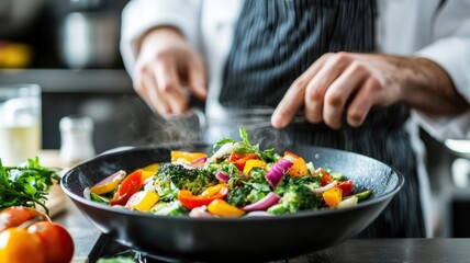 A chef skillfully cooking a vibrant vegetable dish in a modern kitchen, showcasing colorful ingredients and culinary expertise.