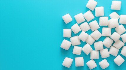 A clean, minimalistic image of white sugar cubes on a vibrant blue background, perfect for culinary and health-related projects.