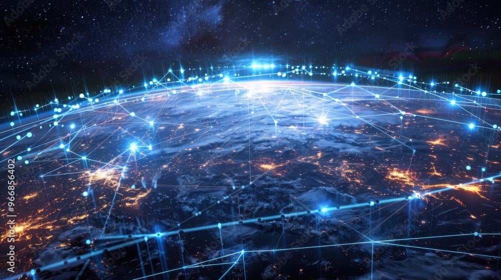 Poster digital planet earth and global network - stock photo a digital map of the earth and huge network