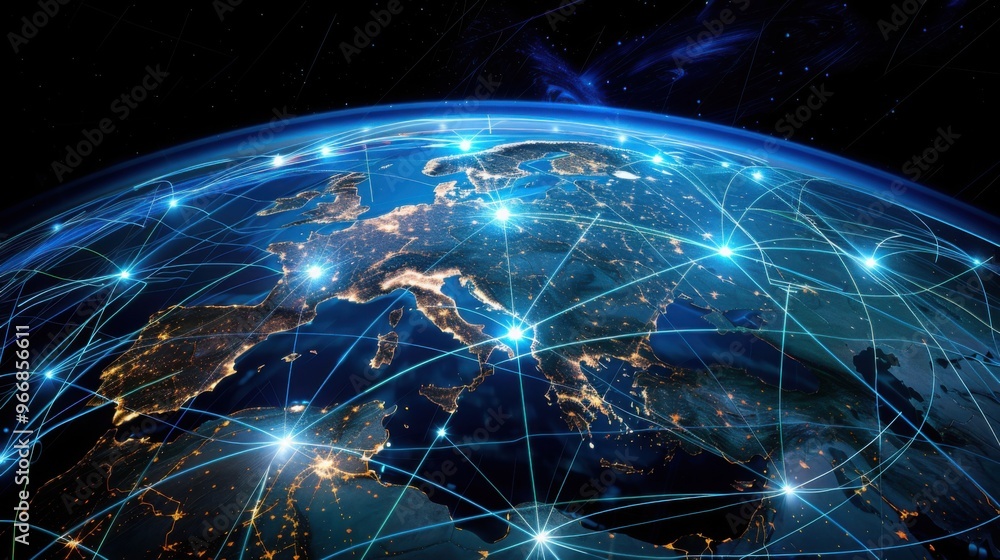 Poster digital planet earth and global network - stock photo a digital map of the earth and huge network