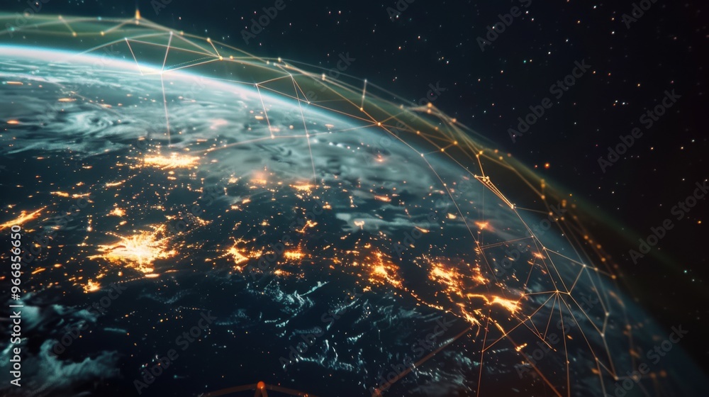 Poster digital planet earth and global network - stock photo a digital map of the earth and huge network