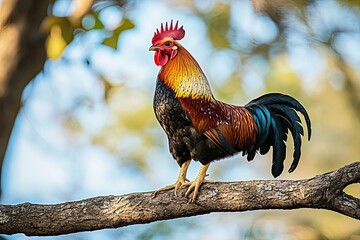 A rooster was perched on a dry tree branch. Animals that are cultivated for their meat have the scientific name gallus gallus domesticus