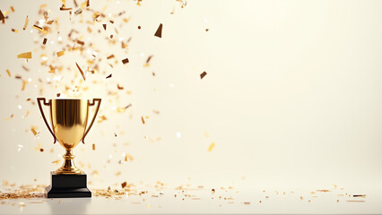 Trophy and confetti on light background top view with space for text Victory concept