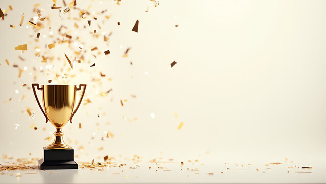 Trophy and confetti on light background top view with space for text Victory concept