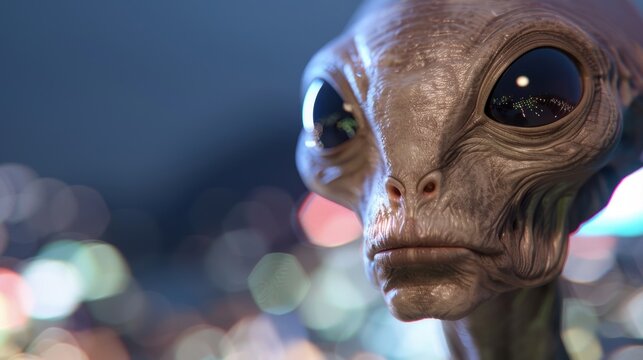 Enigmatic Alien Gaze, an illustration depicting a mysterious extraterrestrial with dark wide eyes, gazing away against a softly blurred night backdrop, evoking intrigue and wonder.