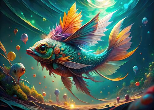 Vibrant digital artwork depicts a fantastical creature, fusion of a bird's wings and body with a fish's scales and fins, swimming upwards in shimmering turquoise waters.