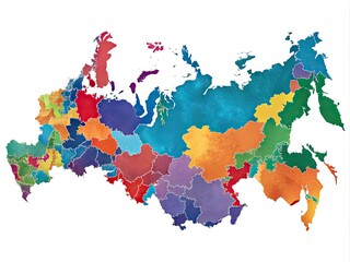 Vibrant digital illustration of Russia's 85 federal subjects, including republics, krais, oblasts, and federal cities, mapped with bold colors and distinct borders on a white background.