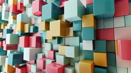 Obraz premium A modern 3D abstract artwork of stacked cubes in various sizes and colors, creating a sense of depth and movement on a white background. 8k UHD, suitable for high-quality printing or digital 