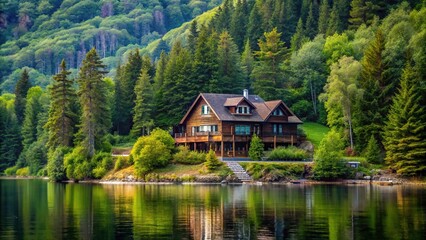 Fototapeta premium Scenic lakeside house surrounded by forested hillside with water above and below, captured at a tilted angle