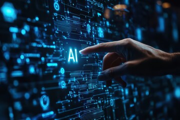 AI Hand Reaches Out to Human Finger on Dark Blurred  Blue Background