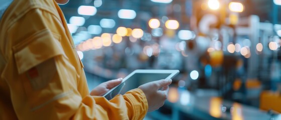 Smart Industry Control, hands gripping a tablet while a blurred automation machine looms in the background, showcasing the integration of technology in modern industrial settings