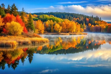 Vibrant fall foliage surrounds a serene lake in Saskatchewan, Canada, with a misty morning fog rolling in over the tranquil rural landscape.