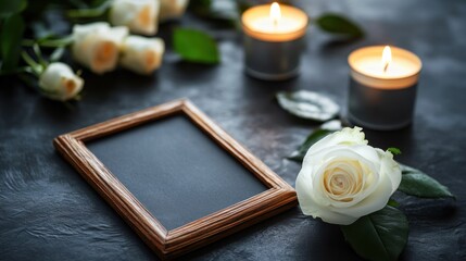 Obraz premium Illustration Funeral decoration with white roses, candles and frame on dark background. Ai generated image