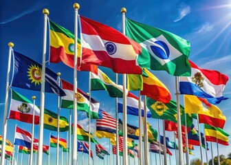 Vibrant flags of 20 Latin American countries, including Argentina, Brazil, and Mexico, proudly wave together in a celebration of cultural diversity and regional unity.