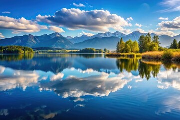 Fototapeta premium Scenic landscape with peaceful lake and mountains in reflections