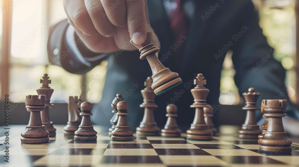 Wall mural a businessman in a suit plays chess, moving his king piece. the chessboard is set up with wooden pie