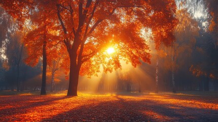 Fototapeta premium Autumnal Landscape with Sunbeams in the Park