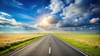 Scenic open road on grassy field under clear blue sky