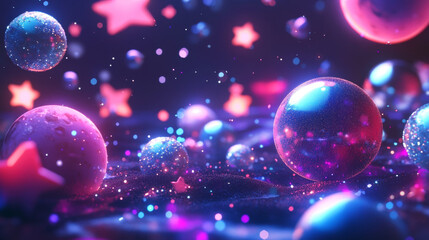 A cool, futuristic scene with glowing stars, planets, and sparkly objects. It's set against a dark background with a 3D style, like a cyberpunk galaxy emoji.