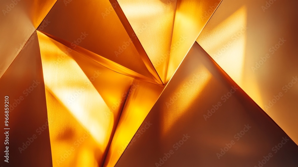 Poster golden light filters through sharp geometric forms, creating a dance of reflections and shadows that