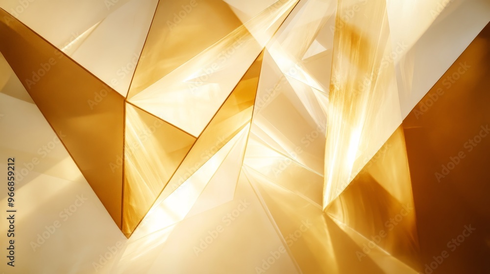 Poster golden light rays pass through geometric forms, casting soft reflections and shadows in an abstract 