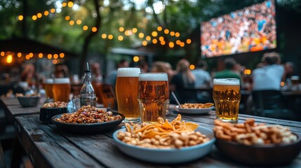 Naklejka premium Frosty beer and hors d'oeuvres on a rustic table during Summer evening with a blurry outdoor bar in the background