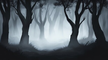 Obraz premium A spooky Halloween night forest, with fog and mysterious shadows moving among the trees.