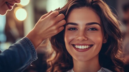 Fototapeta premium In a contemporary beauty salon, a skilled hairdresser carefully trims the hair of a cheerful woman, showcasing a moment of relaxation and expertise in hairstyling