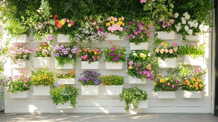 Naklejka premium Colorful Flowers in White Planters on White Wall