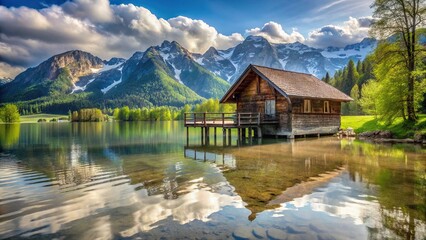 Fototapeta premium Scenic summer vacation in the mountains with a flooded pier and wooden house near a spring flood on the lake