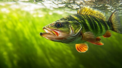 A large freshwater perch swims partially submerged, its colorful scales glistening in the sunlight while surrounded by lush green aquatic plants