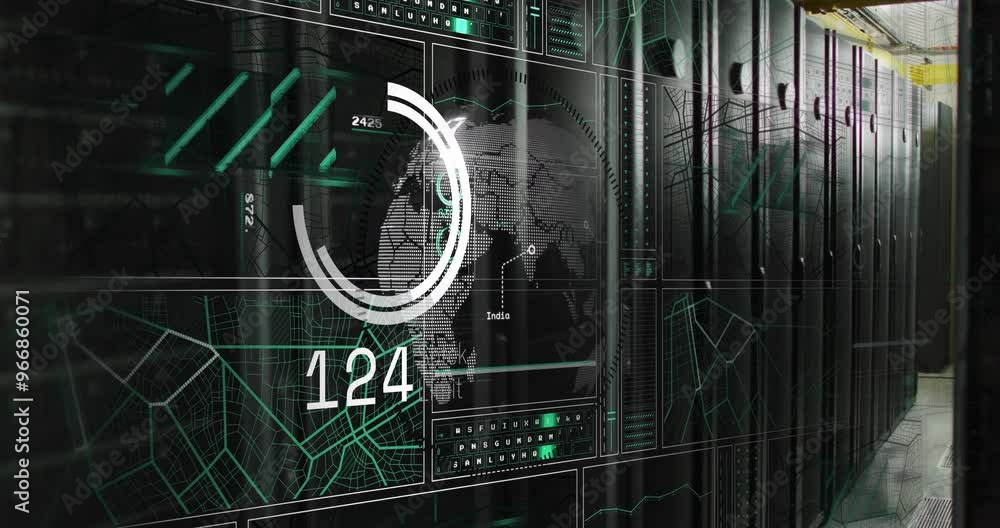 Poster animation of data processing over globe and server room