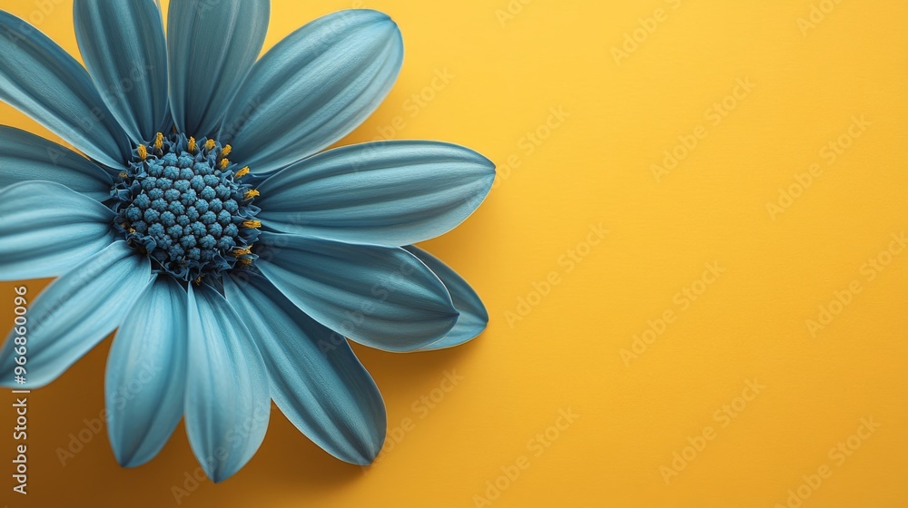 Poster a striking blue flower with vibrant petals is centered against a soft yellow background, showcasing 