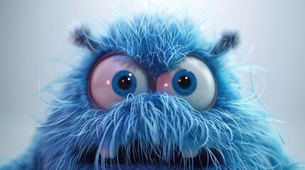 Fototapeta premium A close-up portrait of a blue furry monster with big eyes and a toothy grin, against a white background.