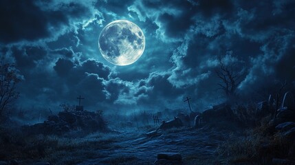 Fototapeta premium A spooky Halloween night scene with a full moon, dark clouds, and eerie shadows.