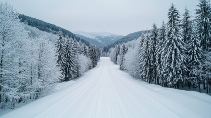 Obraz premium A serene snowy landscape featuring a quiet road surrounded by frosted trees and distant mountains under a soft gray sky.