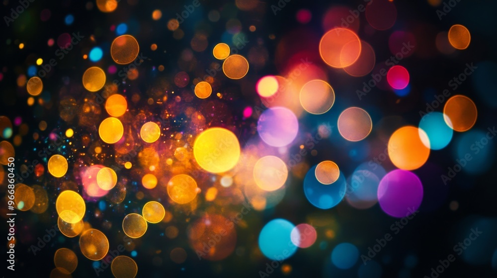 Poster multicolored bokeh lights form a beautiful display of blurred circles on a black background, creatin