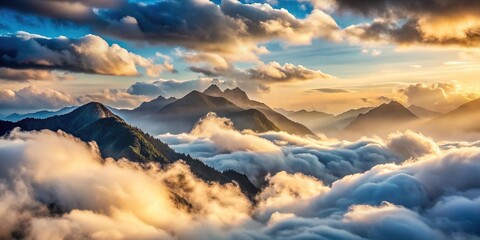 Obraz premium Scenic view of asymmetrical clouds covering mountains