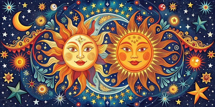 Vibrant illustrative design featuring a radiant sun and crescent moon entwined in harmony, symbolizing balance and cosmic connection, adorned with delicate stars and whimsical patterns.