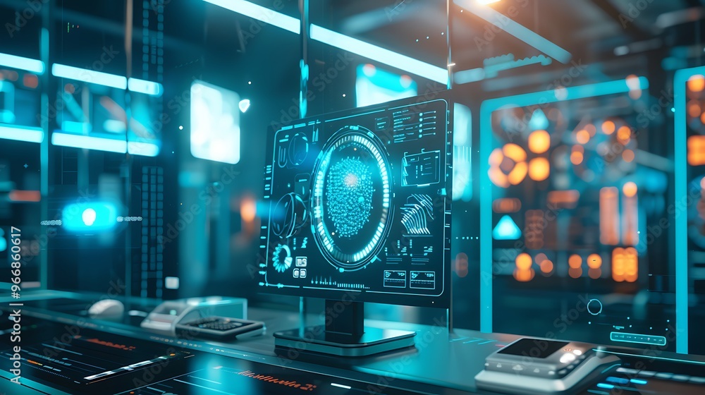 Poster futuristic technology interface with a computer screen displaying a digital dashboard with graphics 