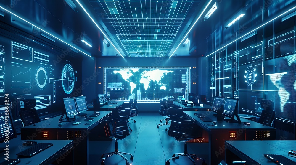 Poster futuristic command center with high-tech equipment, monitoring systems, and digital displays showcas