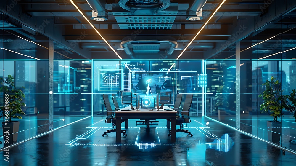 Poster futuristic office interior with a large digital interface displaying data and graphics on the window